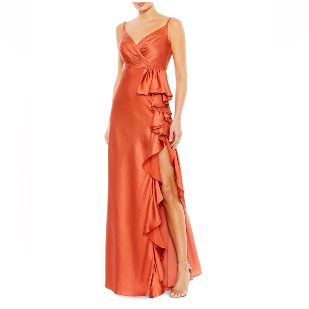 MAC DUGGAL V-Neck Spaghetti Strap Ruffled Satin Gown In Spice Color - Reemoly
